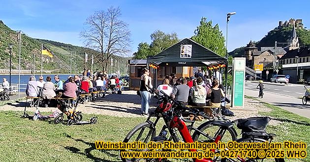 Pop-up Weinstand Oberwesel  Weinprobierstand in den Rheinanlagen am Rheinufer neben dem Schiffsanleger Nr. 2